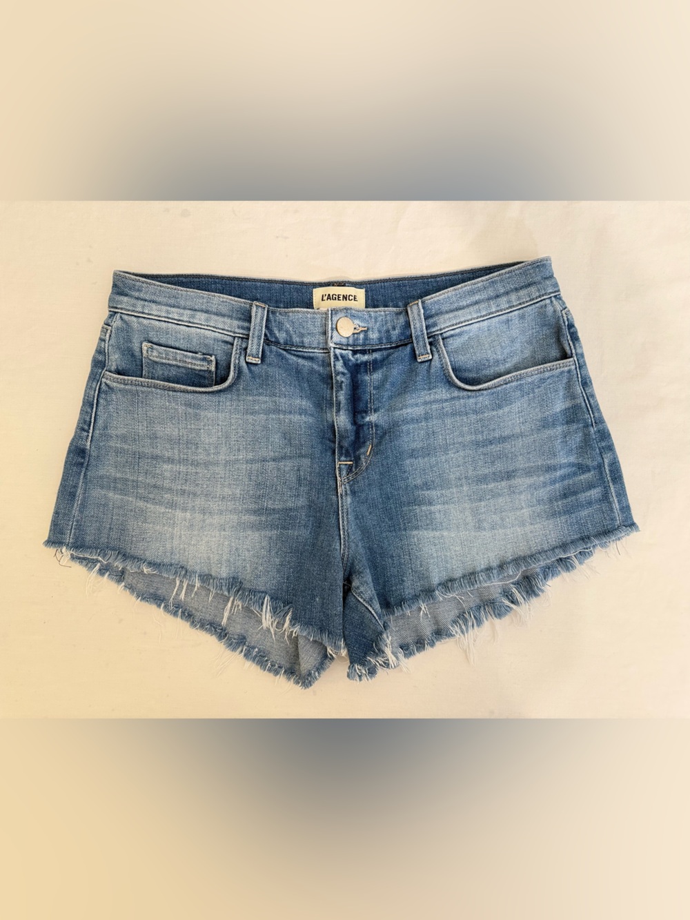 L’Agence Audrey Mid Rise Denim Shorts Womens 27 Blue Distressed Cut Off USA